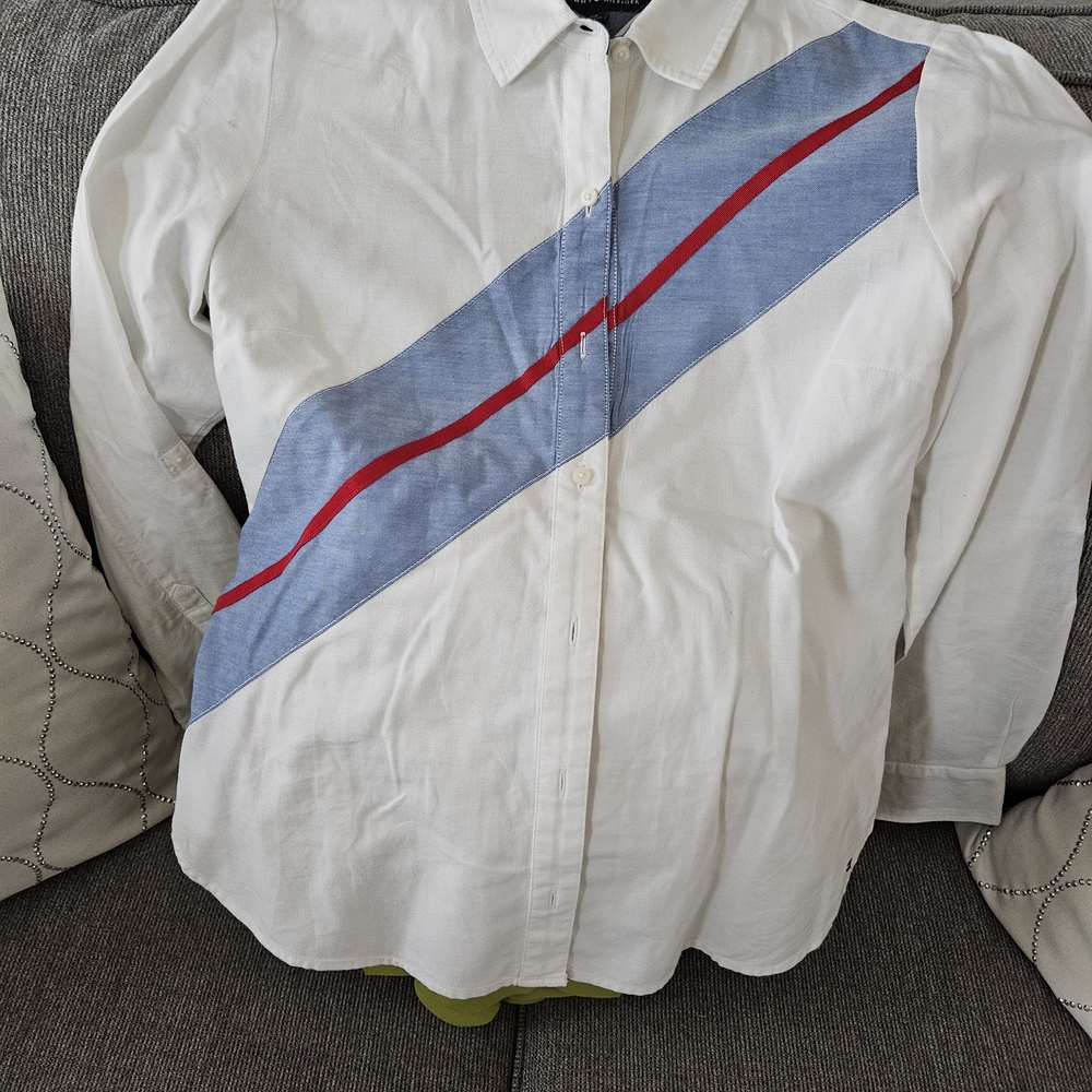 Tommy Hilfiger White Button Down Shirt with Blue and Red Stripe